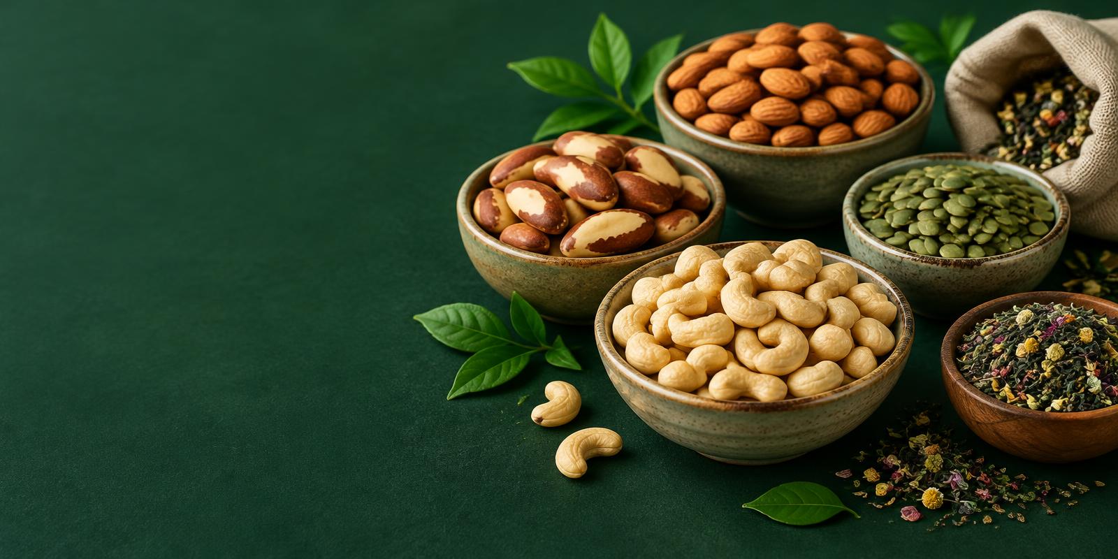 Castanhas, amêndoas, sementes e chás em tigelas